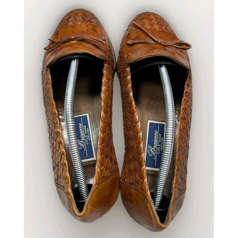 BRAGANO By COLE HAAN VINTAGE ITALIAN LOAFERS SIZE 11 WOVEN COGNAC LEATHER SHOES